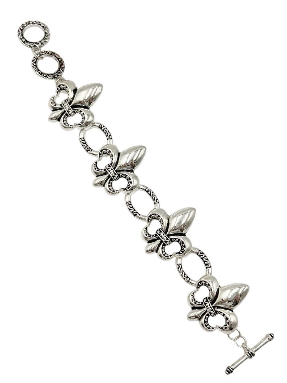 Fleur De Lis Silver Tone Link Bracelet